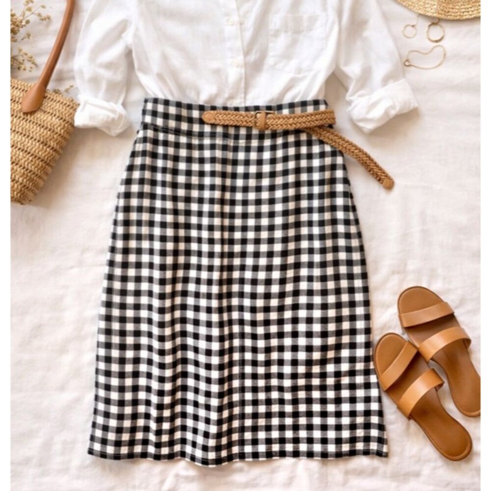 J.Crew Black White Gingham Midi Skirt Linen Blend Preppy Womens Size 10